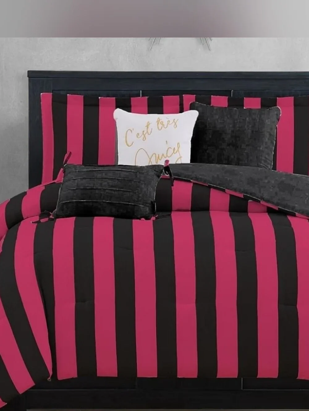 Juicy Couture Pink and Black Striped Twin Comforter Set